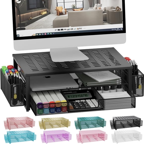 Escritorio Gianotter con soporte para monitor, cajón y soporte para 2 bolígrafos