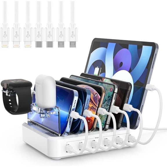 Tancola Charging 6-Ports Docking Station with 7 Mixed Cables Compatible for Iphone, IPad,Iwatch, Ipod, Cellphone & Tablet