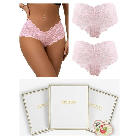 

ohyeahlady Womens Lace Panties Sexy Pink Underwear Cheeky Thong Ladies Hipster Sheer Briefs 2 Pack Gift Box 5XL