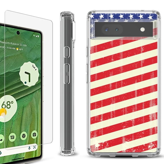 Shockproof Bumper Phone Case for Google Pixel 6a, with Tempered Glass Screen Protector, by OneToughShield ® - Flag / USA