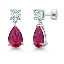 Gem Stone King 925 Sterling Silver Red Created Ruby and Sky Blue Aquamarine Teardrop Dangle Drop Earrings for Women (8.46 Cttw, Gemstone Birthstone, Pear Shape 12x8MM, Round 6MM)