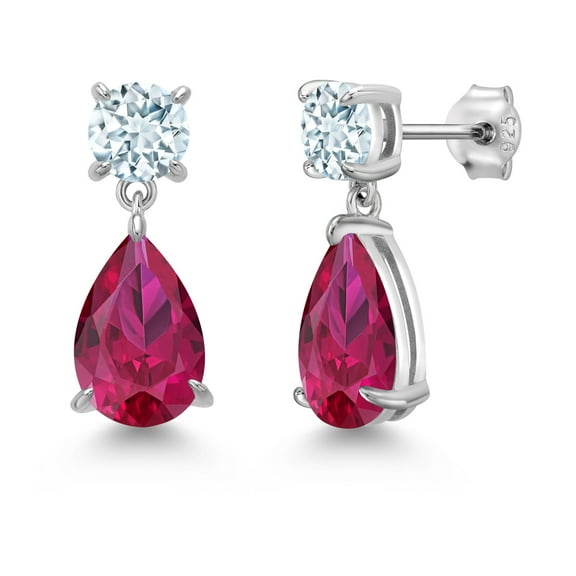 Gem Stone King 925 Sterling Silver Red Created Ruby and Sky Blue Aquamarine Teardrop Dangle Drop Earrings for Women (8.46 Cttw, Gemstone Birthstone, Pear Shape 12x8MM, Round 6MM)