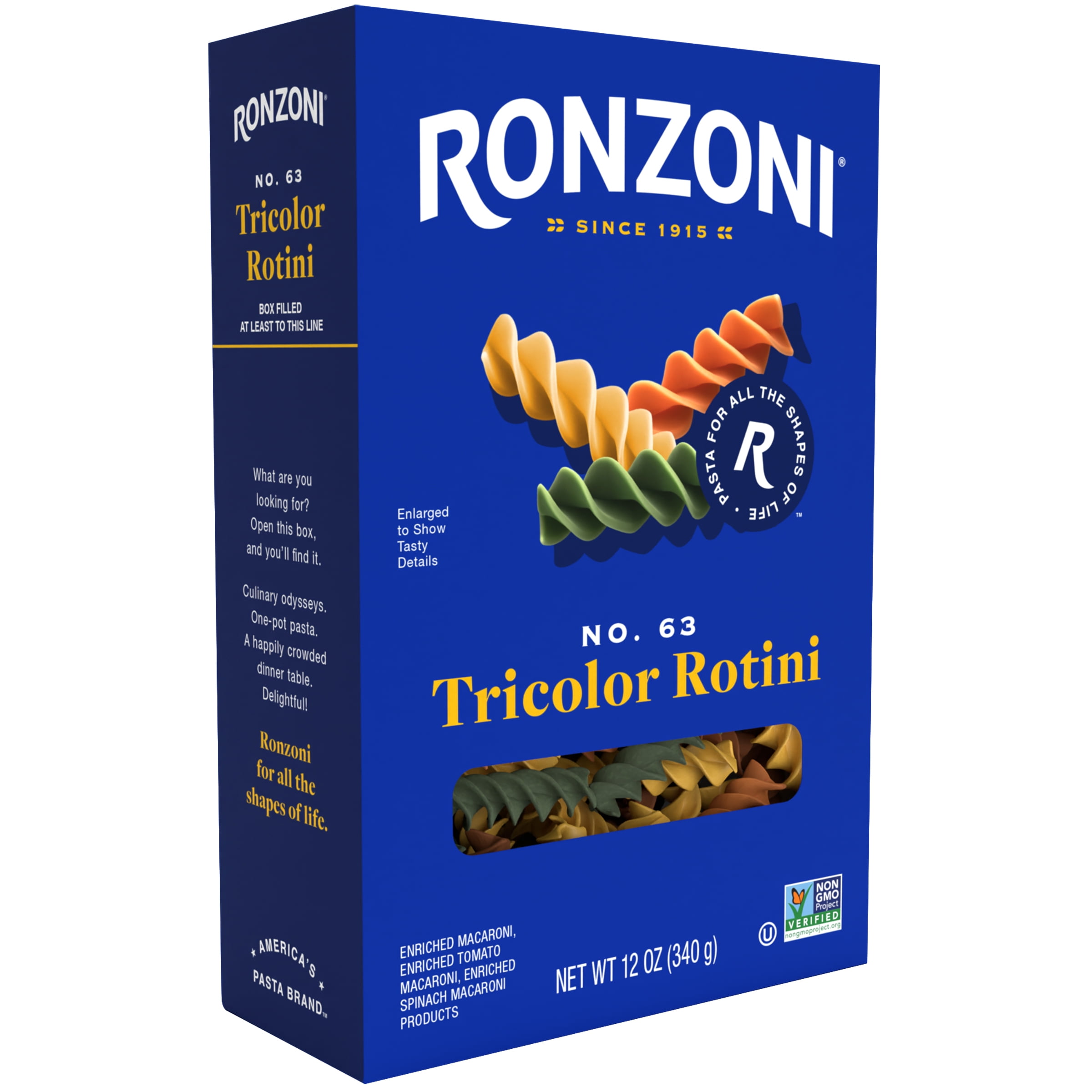 Ronzoni Tricolor Rotini, 12 oz, Colorful Non-GMO Pasta Spirals, (Shelf Stable) Box