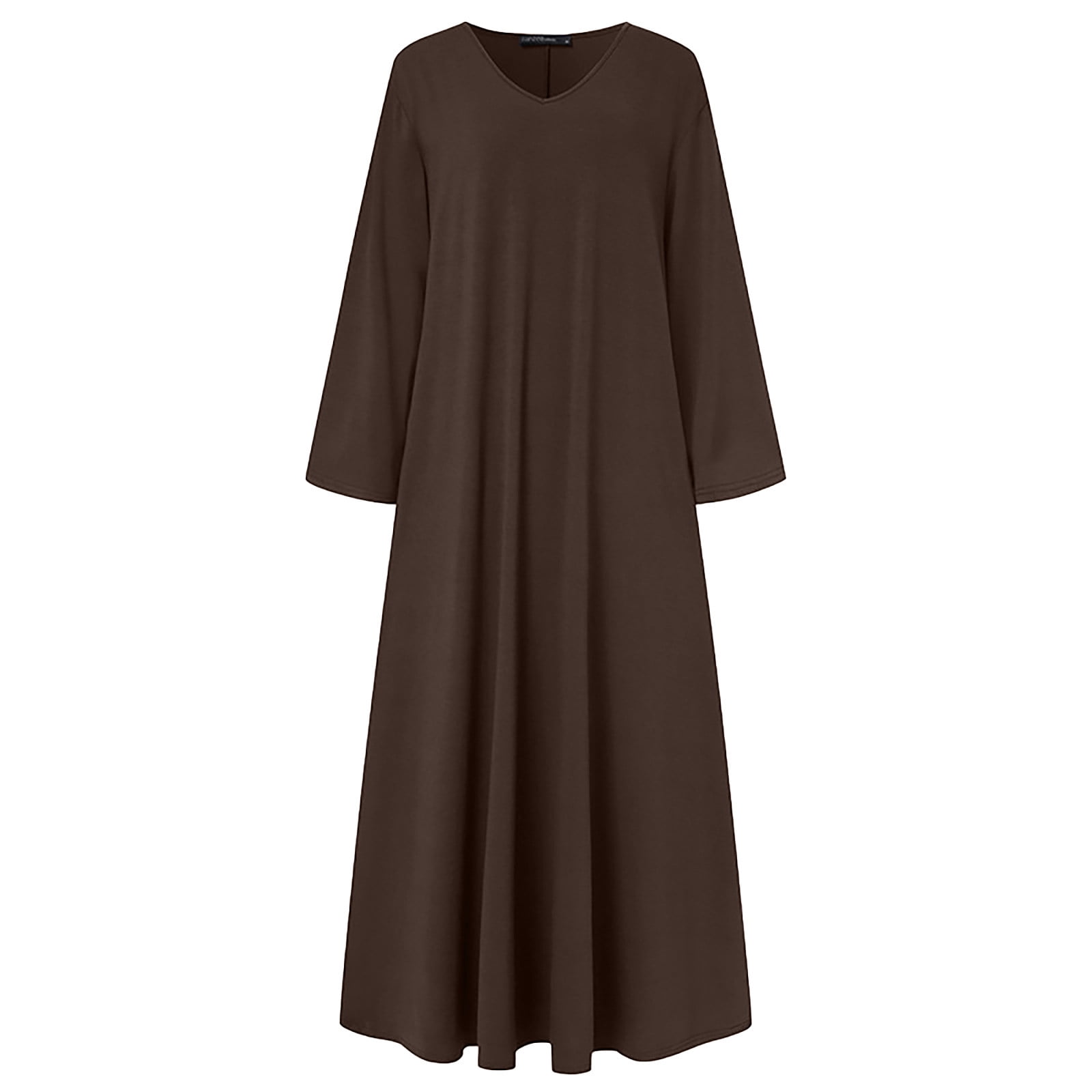 JGGSPWM Women's Long Sleeve Cotton Maxi Dress V Neck Side Pockets Casual Plus Size Daily Vacation Dresses Brown L