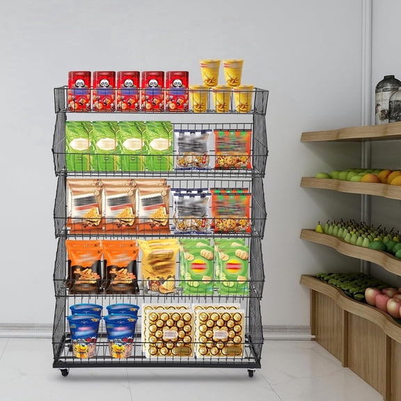 Metal Retail Display Rack | 5 Tiers Market Shelf with 4 Pulleys | Wire Grid Retail Display Stand | Fruit Vegetable Snack Basket | Snack Candy Display Rack | Snack Organizer for Store
