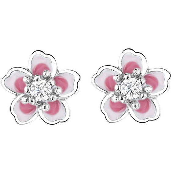 Pink Dainty Cherry Blossom Stud Earrings S925 Sterling Silver for Women Cartilage Cubic Zirconia Flower Studs Earring