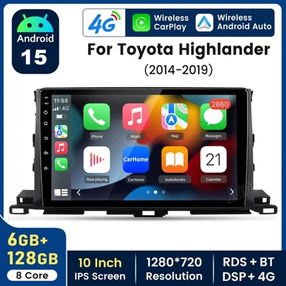 Woudy 10" Android Car Stereo Radio with Apple CarPlay GPS, 6 128GB 8-Core for Toyota Highlander 2014-2019
