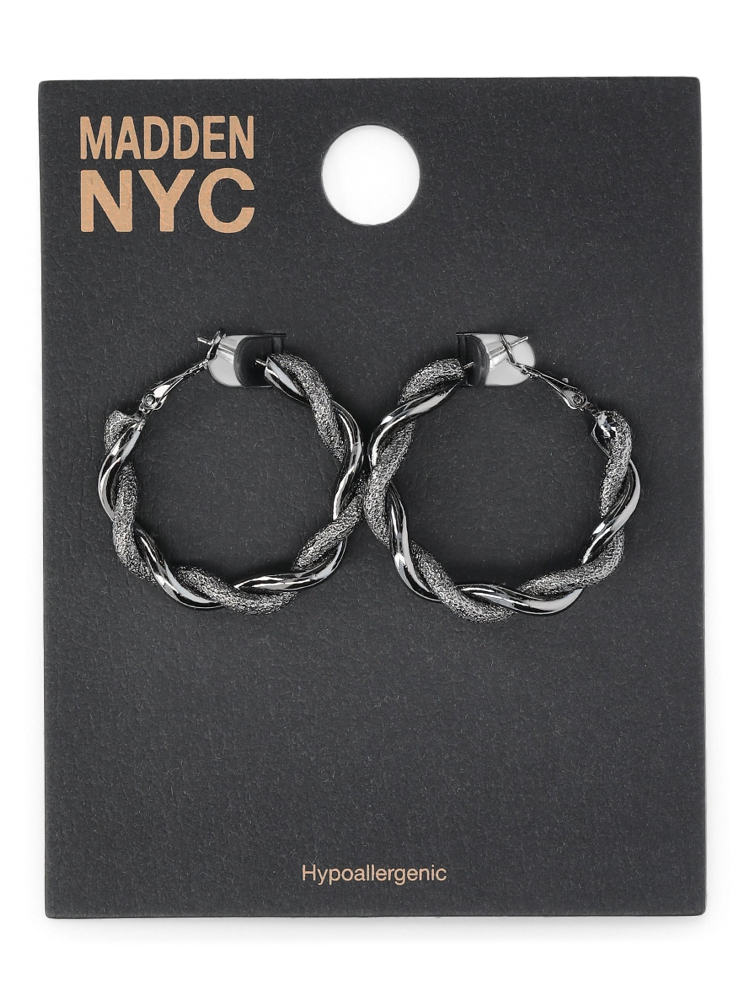 Madden NYC Women's Fashion Black Textured Twist Medium Hoop Earrings