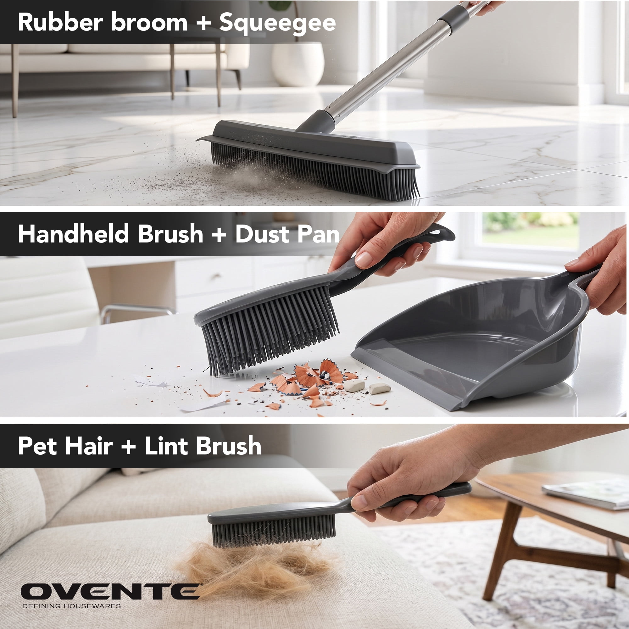 OVENTE Carpet Rake Rubber Broom with Squeegee Set, Grey CT2504GY