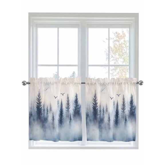 Half Window Curtain 36 Inches Long, Mountain Peak Window Treatment Curtain Drapes, Forest Tree Scene Watercolor Style Small Tier Curtains for Bathroom Over Sink, 27.5"x36", 2 Panels