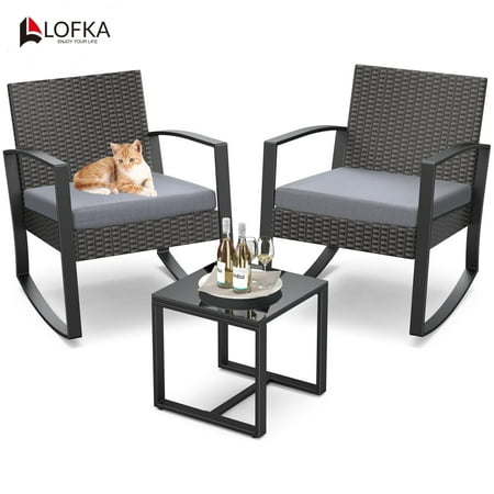 Patio Furniture Set Lofka 3 Pieces Outdoor Rocking Chairs Set With Glass Coffee Table For Garden, Bistro, Porch, Balcony, Backyard, Gray Cushion