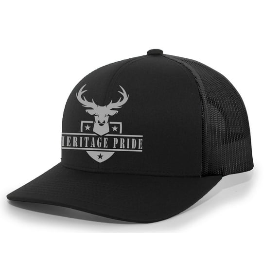 Heritage Pride Deer Hunting Deer Head Shield Mens Embroidered Mesh Back Trucker Hat, Black/Black