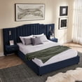thumbnail image 4 of Queen Size Upholstered Bed Frame with Velvet Fabric, Vertical Stripe Design with Buttons, Headboard and Bedside Table - No Box Spring Needed (Dark Blue), 4 of 9