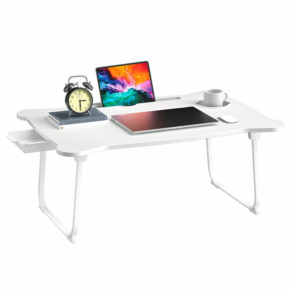 Aqzb Lap Desk Foldable Laptop Desk Lap Tray with Storage Drawer, Cup Holder & Tablet Slot for Bed, Couch, School Supplies White