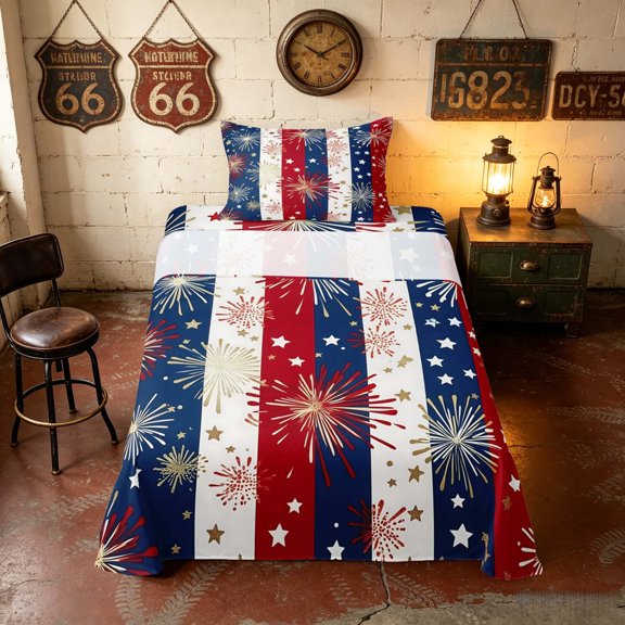 Manfei Firework Star Stripe Twin Sheets, Patriotic July 4th Bedding, Red White Blue Gold, Black Reversible 3 Pieces (1 Flat Sheet, 1 Fitted Sheet and 1 Pillowcase)