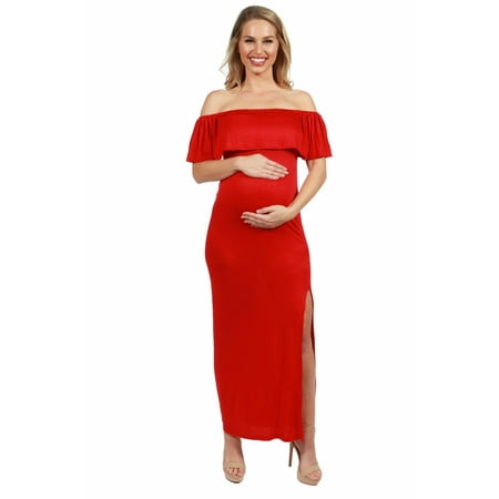 

24seven Comfort Apparel Ruffle Off The Shoulder Maternity Maxi Dress