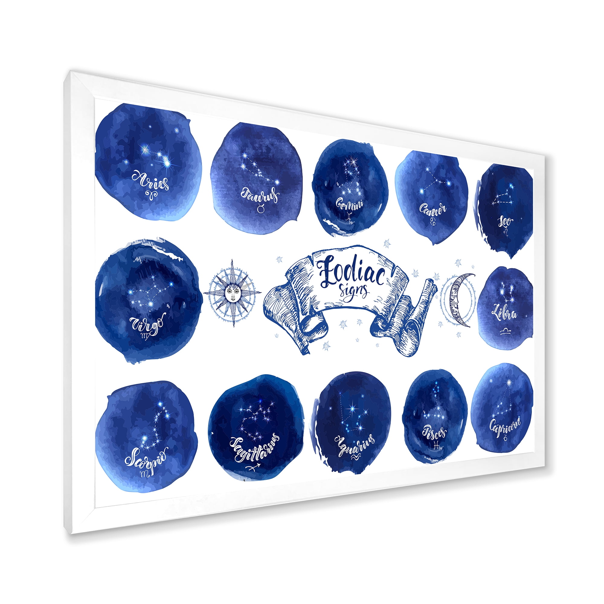 Designart 'Collection of Astrology Signs On Blue Circles' Modern Framed Art Print