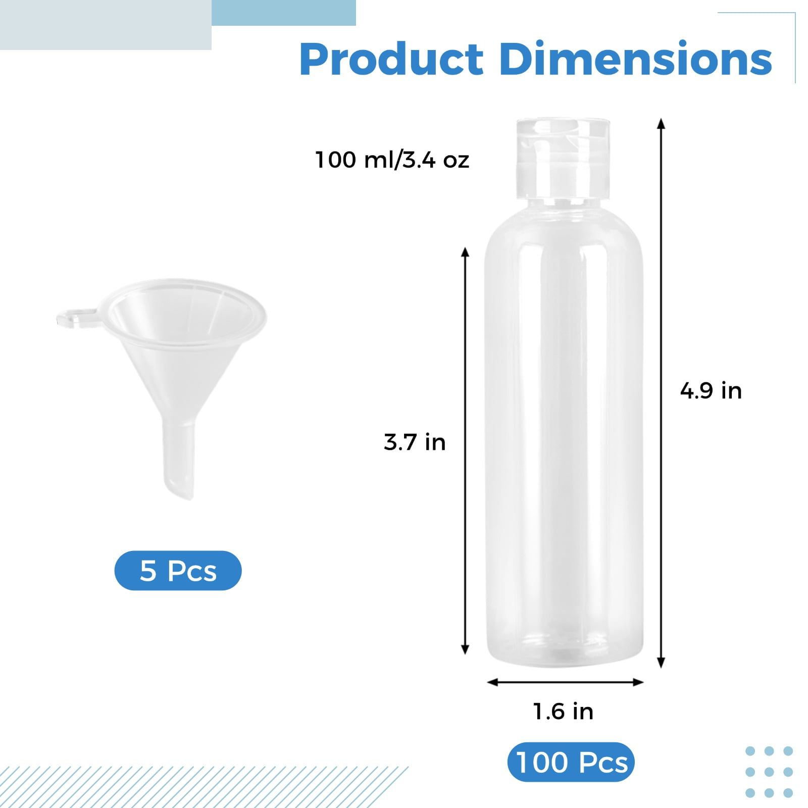 100 Pcs Small Travel Bottles, 3.4 oz Refillable Empty Containers with Flip Caps, Clear Plastic Liquid Dispensers, Leak-Proof Squeeze Bottles with 5 Funnels for Shampoo, Lotion, Cream