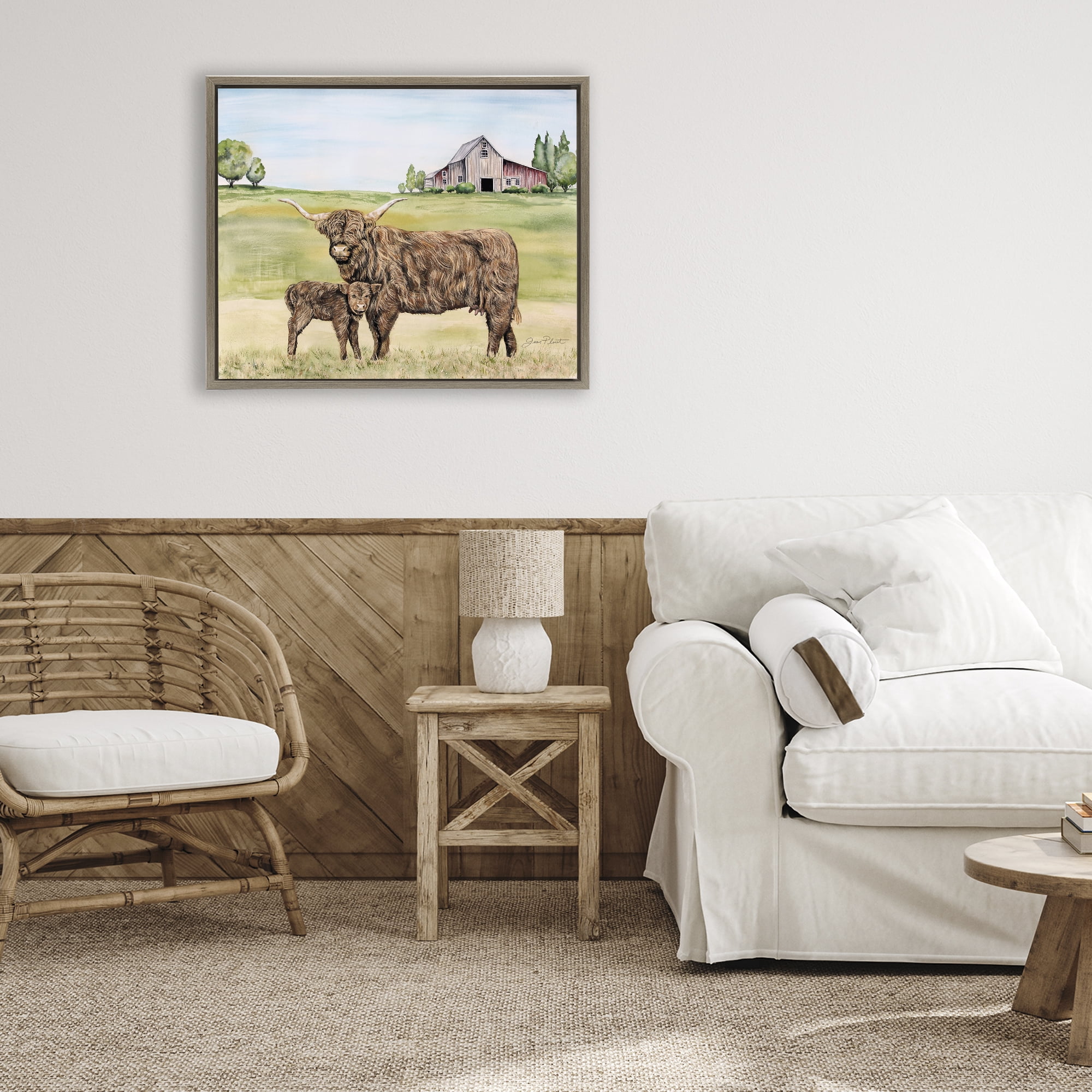 Highland Cow And Calf Brown Framed Floater Canvas Wall Art, design by Jean Plout