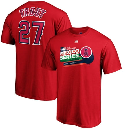 Majestic Angel Fish - Mike Trout Los Angeles Angels Majestic 2019 Mexico Series Name & Number T-Shirt - Red