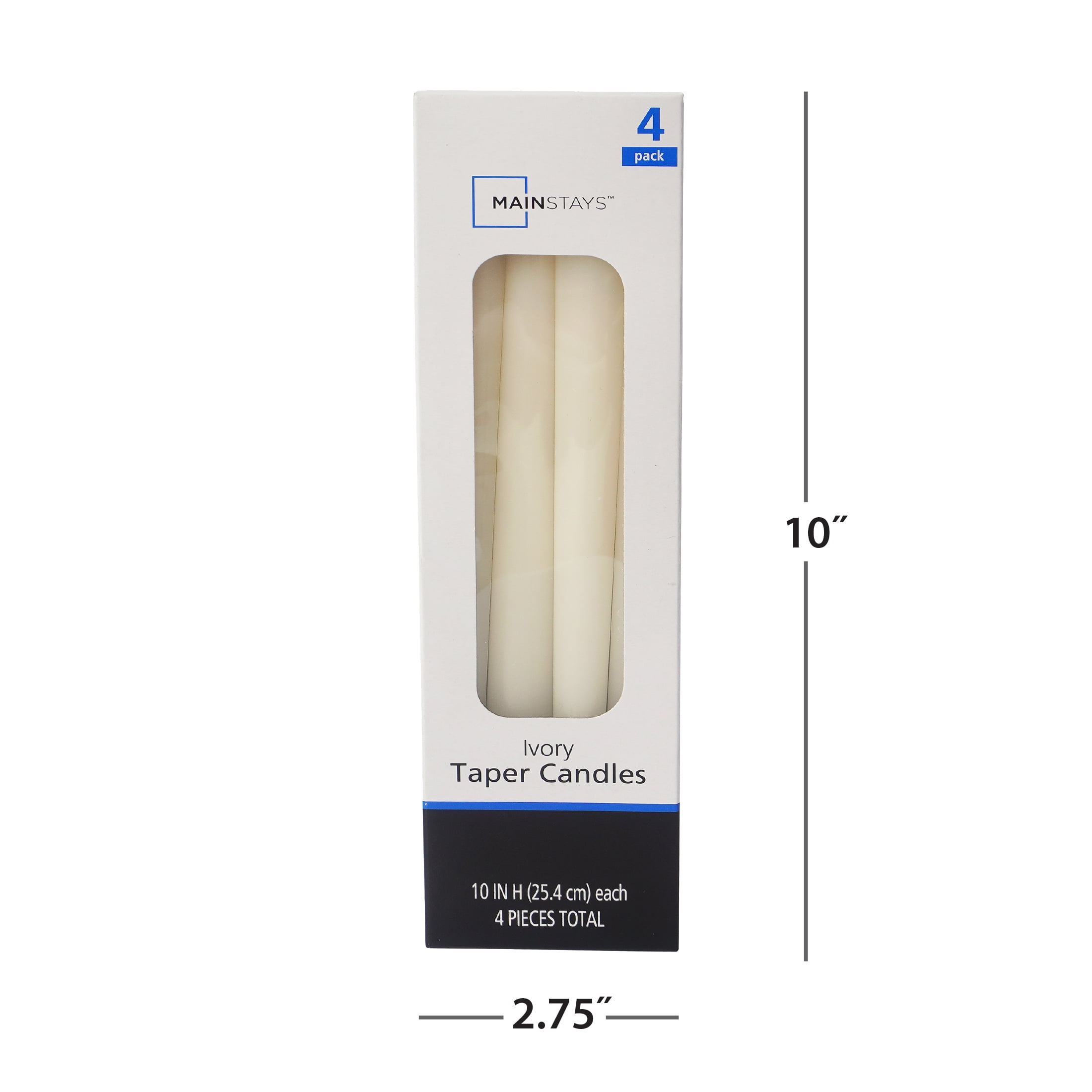 Mainstays Single Wick 10" Taper Candle, Unscented, Ivory, 4 Pack