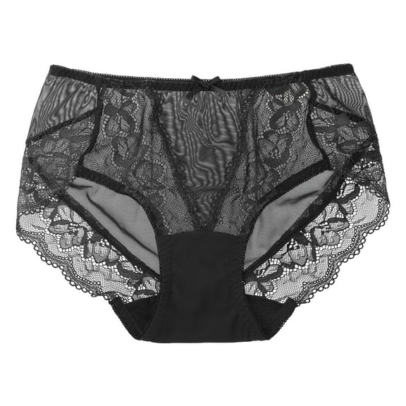 DARING DIVA Women's Plus Size Sheer Lace Trim High-rise Brief Stretchy Underwear XL Black