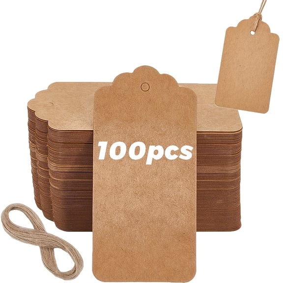 Dakings-100pcs Brown Kraft Gift Tags with Twine, Blank Shipping Tags for Packages, Vintage Wedding Party Favor Tags, Price & Name Labels for Holiday Gifts and DIY Crafts