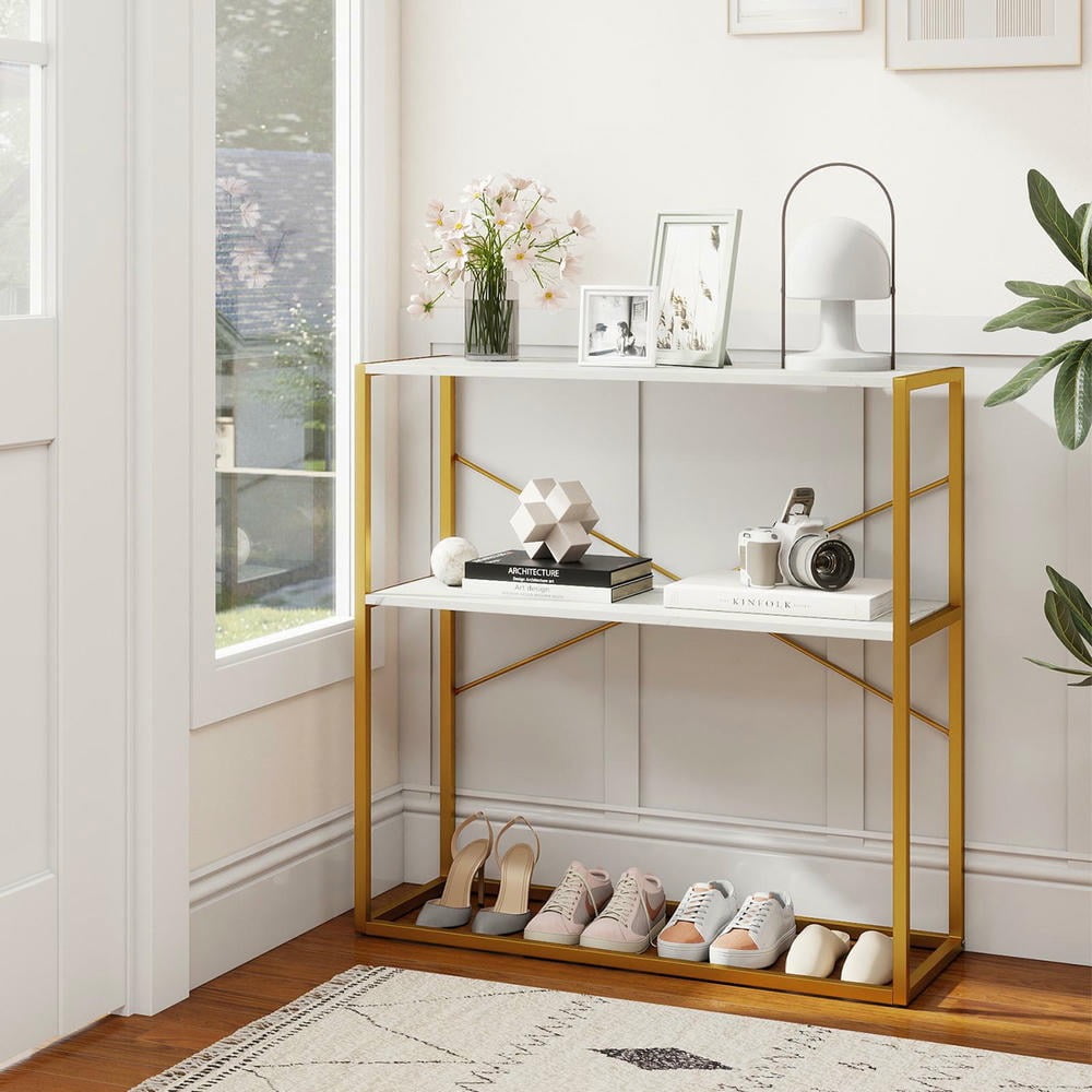 GVN 36" Console Table with Wooden Open Shelves and Metal Frame, 2-Tier Entryway Table for Hallway, Living Room, White