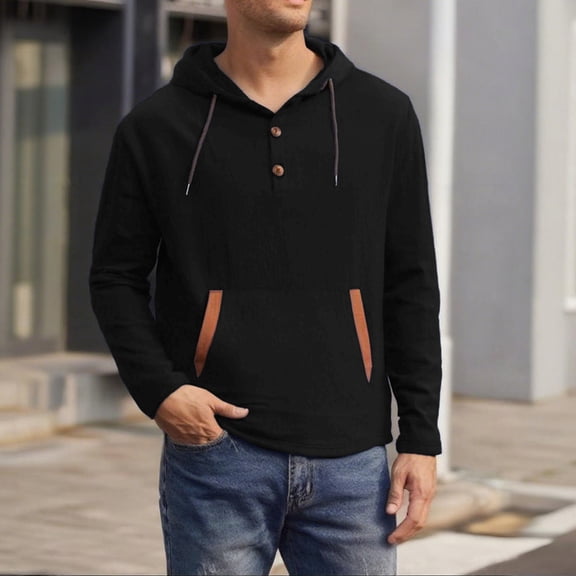 Men's Solid Long Sleeve Hooded Drawstring Casual Tee