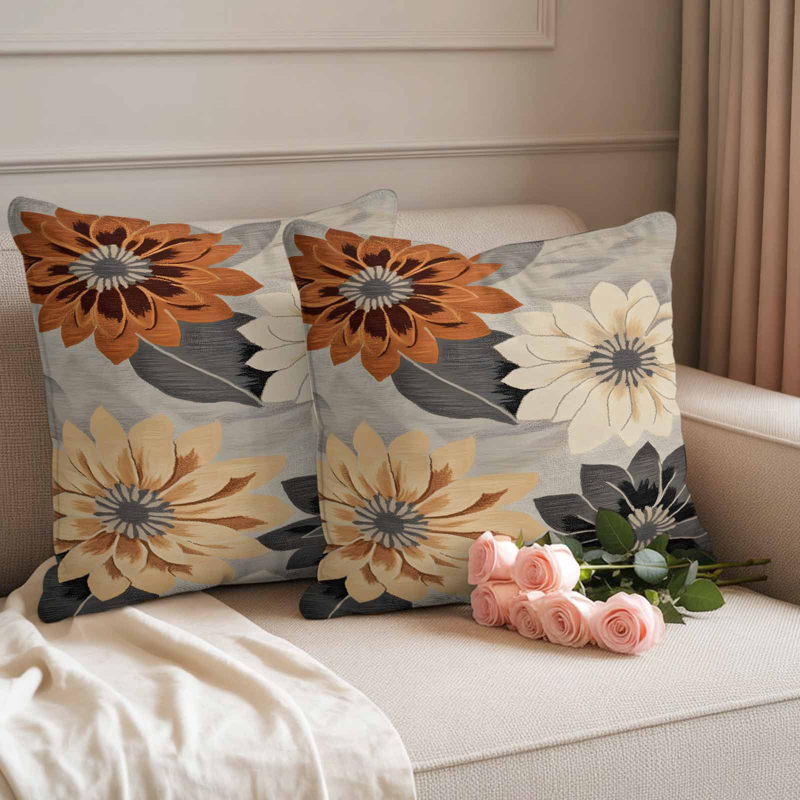 Burnt Orange Grey Black Flower Outdoor Waterproof Pillow Covers, Spring Floral Botanical Decorative Square Throw Pillowcase Sofa Cushion Sham for Patio/Couch/Chair, 16"x16" 2 Pack