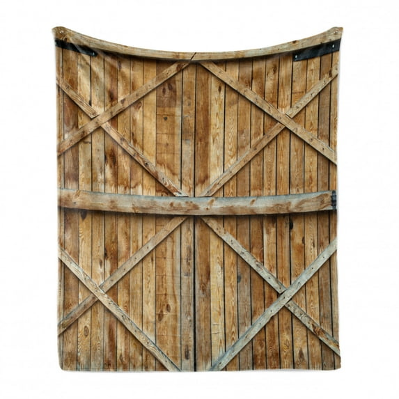 Rustic Soft Flannel Fleece Blanket, Traditional Wooden Timber Door with Vertical and Planks Farmhouse Antique Photograph, Cozy Plush for Indoor and Outdoor Use, 60" x 80", Pale Brown, by Ambesonne