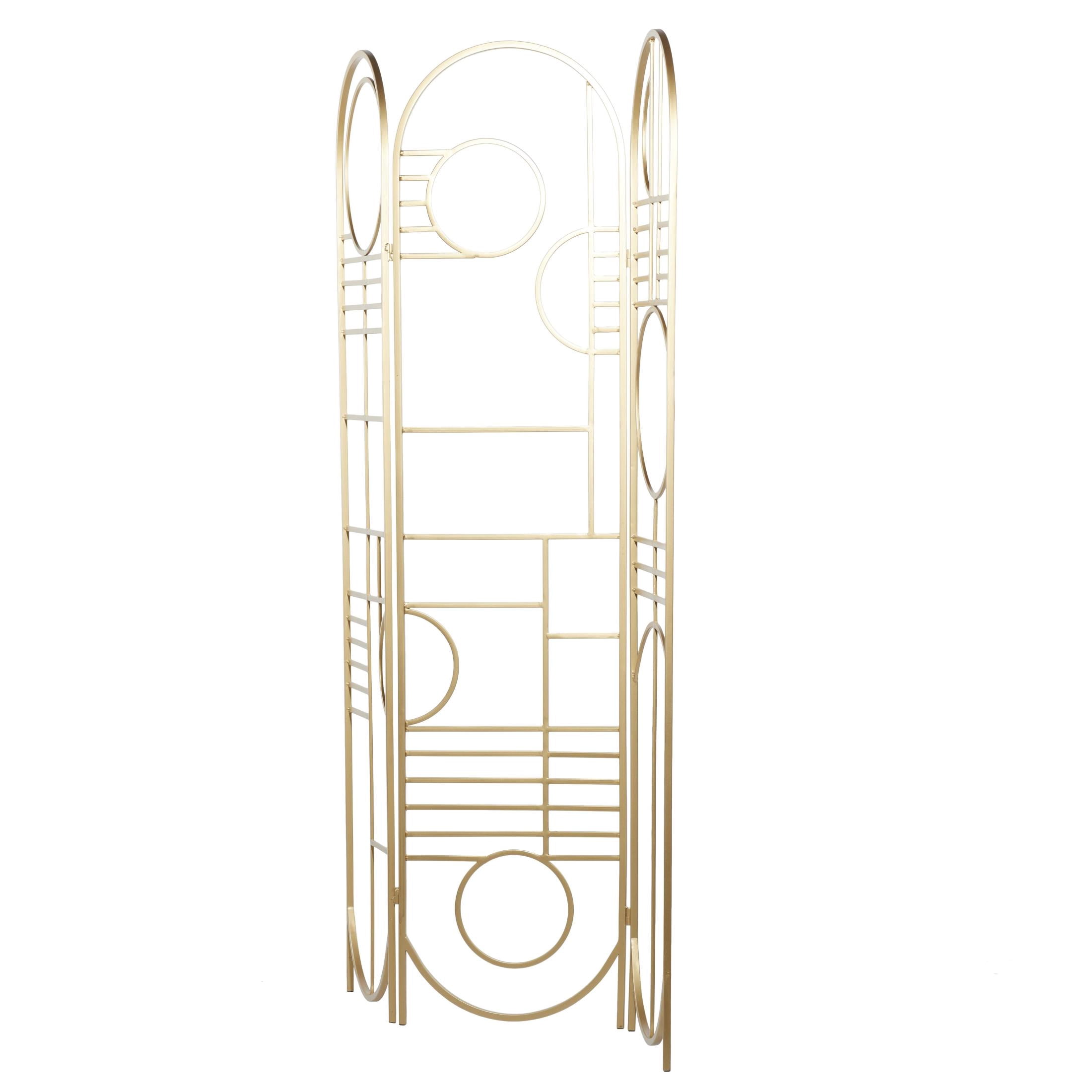 DecMode Modern 3 Panel Metal Room Divider Screen with Geometric Pattern and Gold Finish, 50"W x 69"H