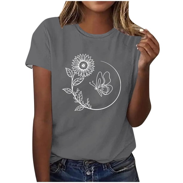 Tops de Ajuste Suelto para las Mujeres Sudadera Casual Impresa Manga Corta Cuello Redondo Superior, Poliéster