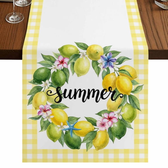 Summer Lemon Burlap Cotton Table Runner 13x60 Inches Long, Watercolor Lemon Leaves Wreath Yellow Plaid Farmhouse Table Runners, Outdoor Dining Tablecloths Decor for Baby Shower/Party/Wedding