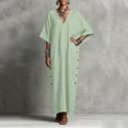 thumbnail image 5 of Levmjia Women's V Neck Dress Short Sleeve Solid Color Casual A Line Dress with Side Buttons Cotton Linen Blend Pockets Beach Vacation Daily Wear, 5 of 6