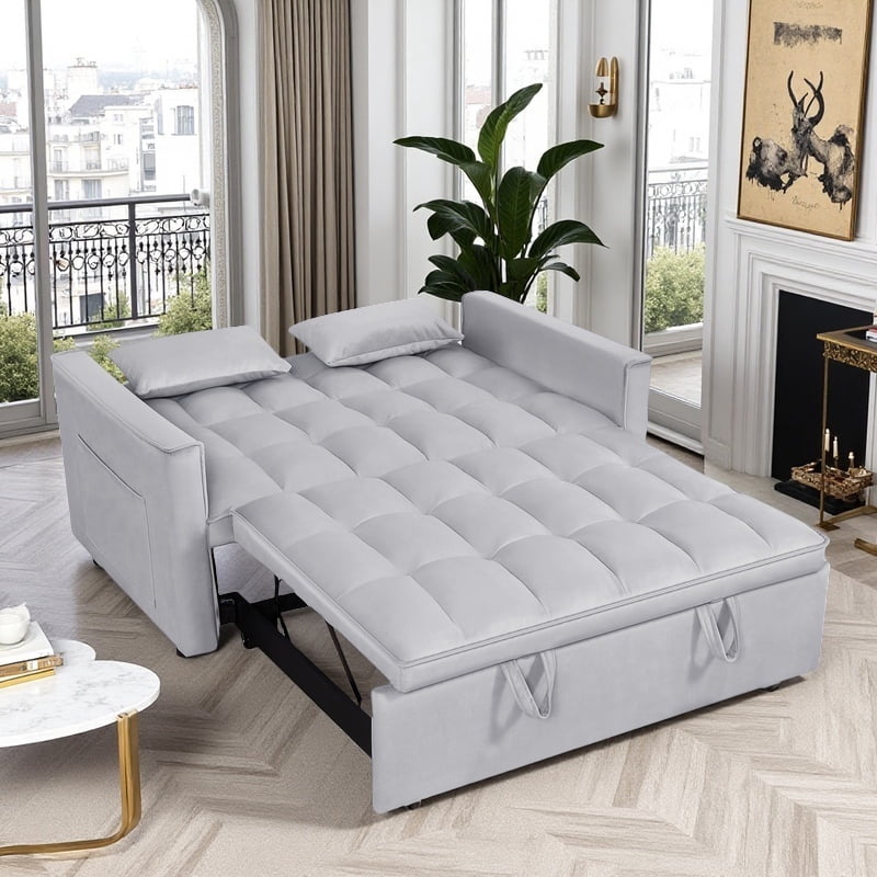 BSHTI 54" Fold out Sleeper Sofa Bed,Convertible Twin-Size Bed,With 3 Angles Adjustable Backres,Velvet Upholstery,Easy Assembly, Light Gray