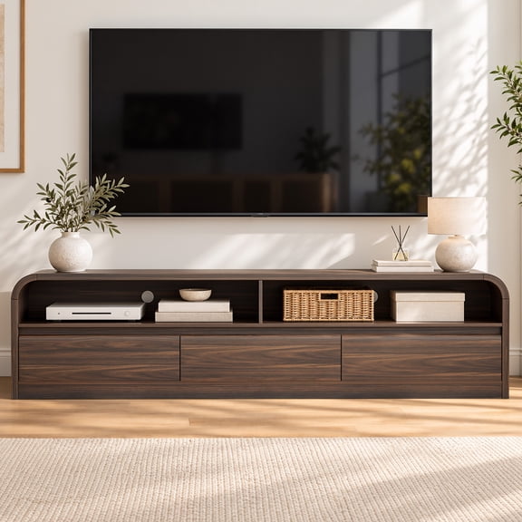 Aufeile Modern TV Stand for TVs Up to 80 Inch, 70" Entertainment Center with 3 Drawers & Storage, Curved TV Console Table, Walnut