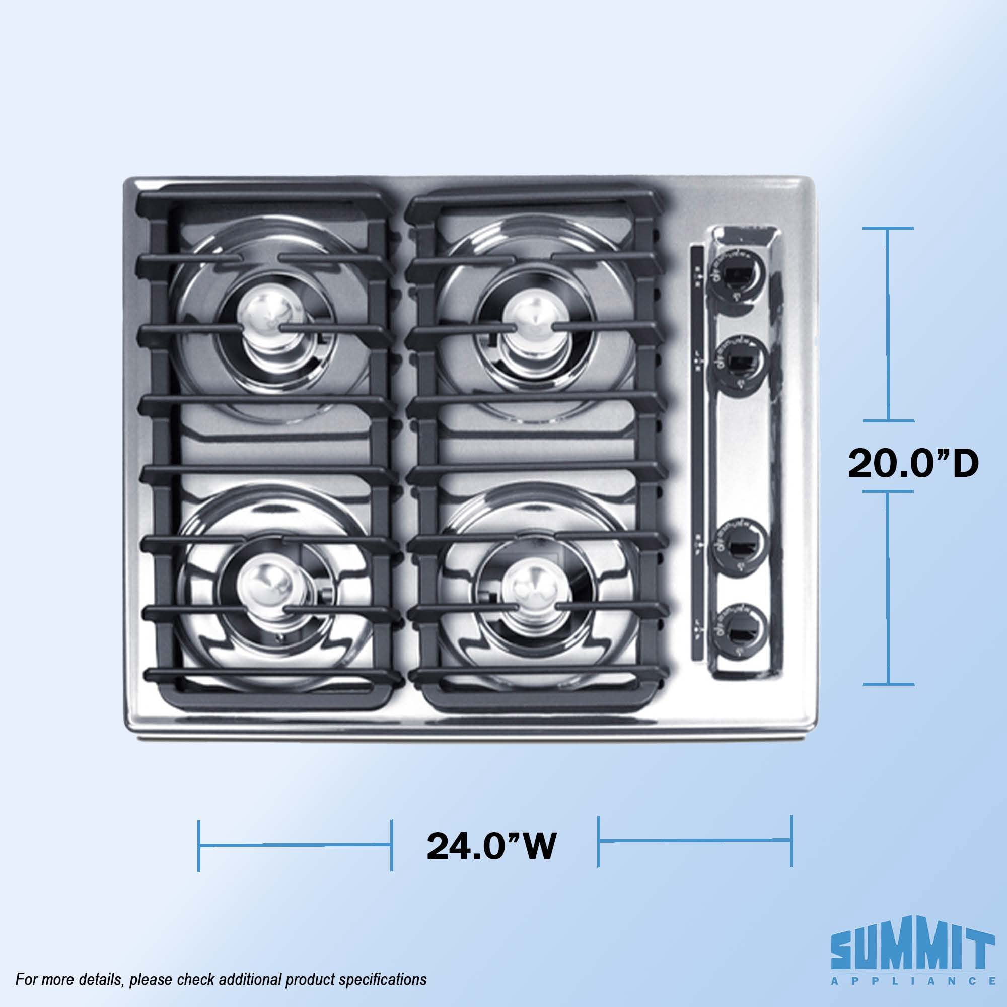 Summit 24 Inch Gas Cooktop, 4 Burners, Electric Ignition, 115V-3 Gas Cooktop, Made in the USA, Stainless Steel - ZNL033I