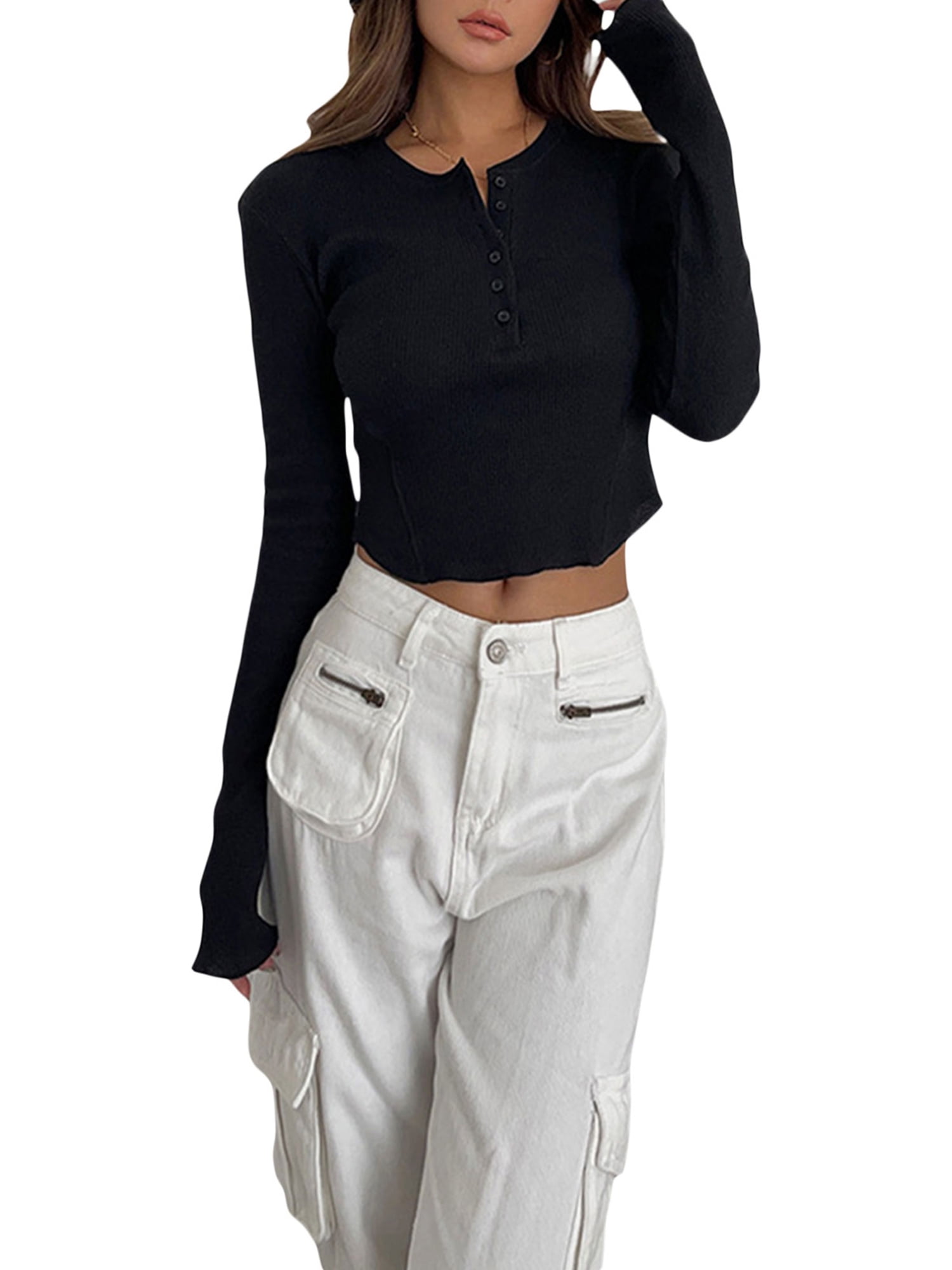 Women's Basic Ribbed Crop Top - Long Sleeve, Flare Sleeve, Slim Fitted Stretch Pullover Tee