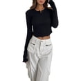 thumbnail image 2 of Douhoow Women Slim Crop Pullover Casual Solid Color Long Sleeve Henley Ribbed Tops, 2 of 9