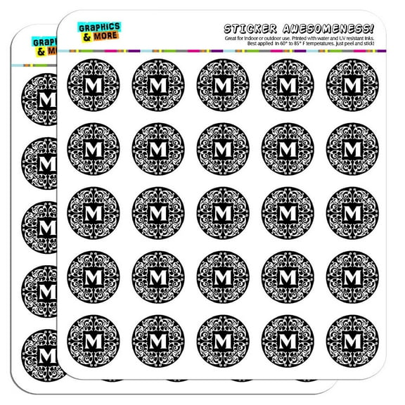 Letter M Initial Black White Scrolls 1" Scrapbooking Crafting Stickers