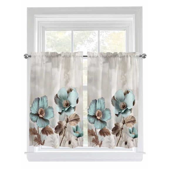 Kitchen Curtains 54 Inches length, Tulip Flower Window Treatment Curtain Drapes, Teal Brown Vintage Floral Plant Botanical Decorative Window Curtains for Bedroom Cafe, 52"x54", 2 Panels