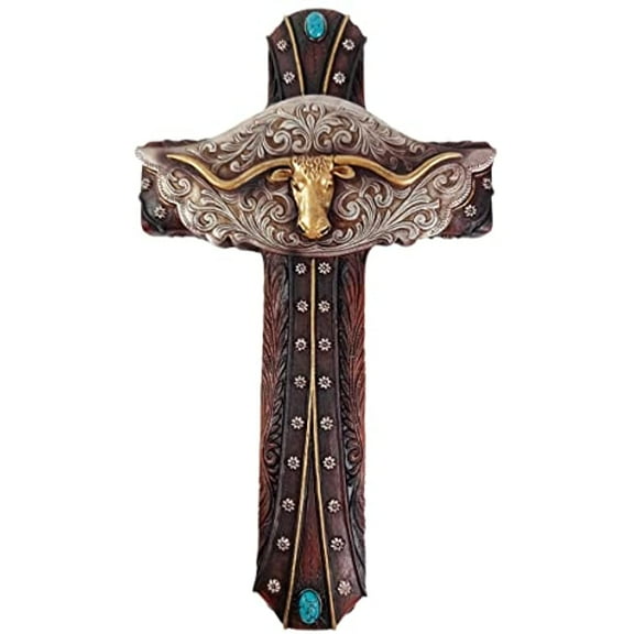 Urbalabs Western 14 Inch Wall Cross Woodlike With Crossing Arrows and Teal Center Stone Wings Distressed Wall Hanging Cross Country Wall Decor Room Decoration Office Church Home (Golden Longhorn)