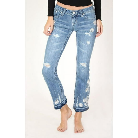 Grace in LA Women's White Floral Embroidered Distressed Cropped Junior Fit Bootcut Stretch Jeans (25)