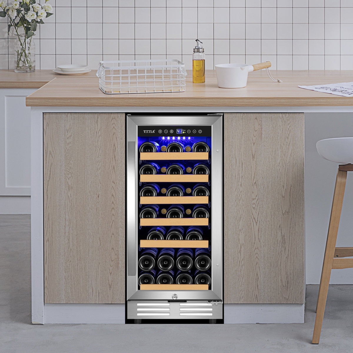 15" Wine Premium Refrigerator 31 Bottle Built-in Wine Cooler with Two Handle & Reversible Hinge