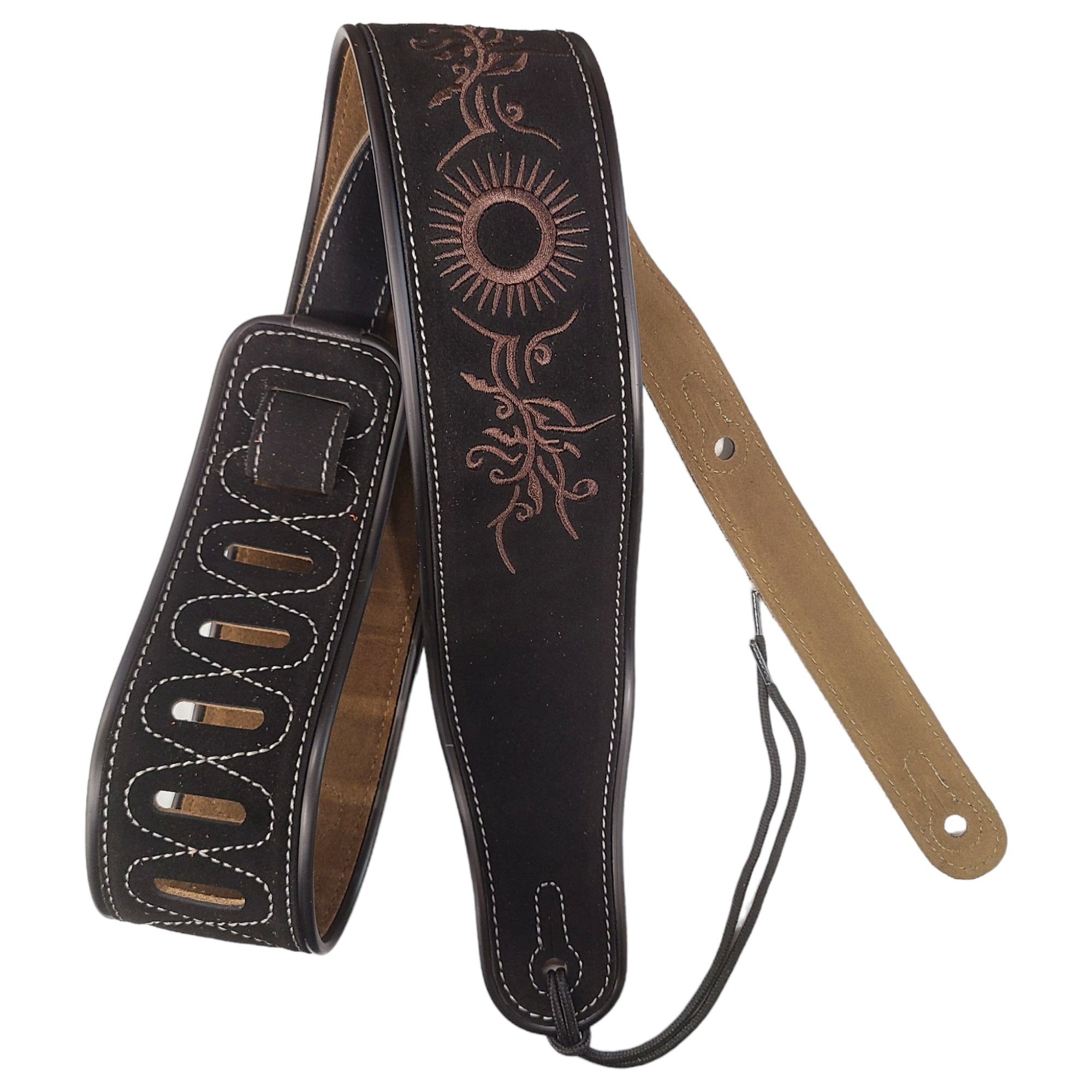 Leather Strap Acoustic Electric Guitar Bass Black Brown Notes Wide Thick Padded Black Suede Tribal Sun