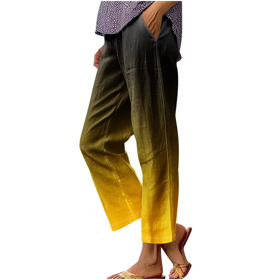 biudgviw Capri Pants for Women Gradient Cotton Linen Pants Lightweight Beach Vacation Cropped Trousers with Pockets Casual Bottoms