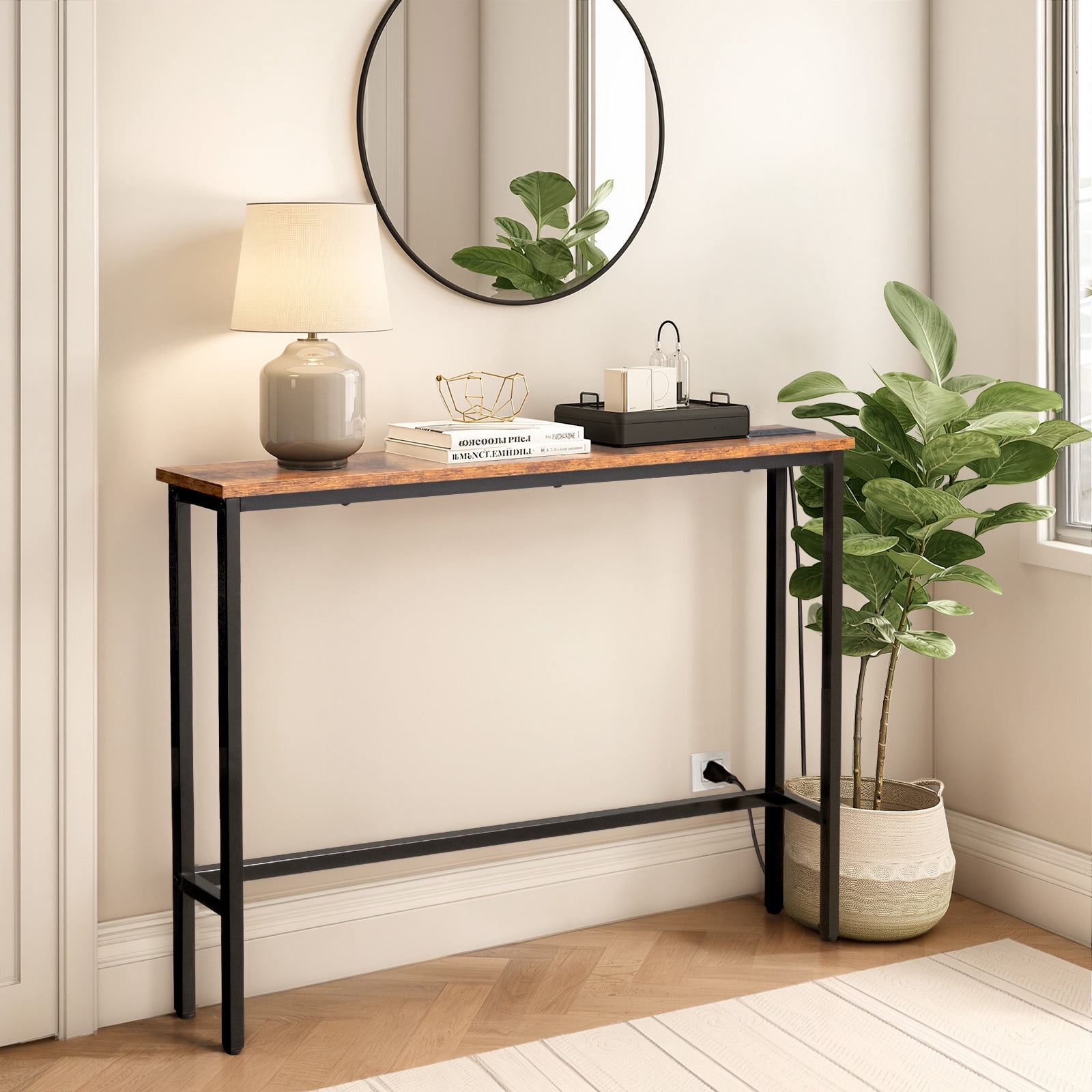 39.4" Narrow Console Sofa Table with Power Outlets and USB Ports, Skinny Couch Table with Metal Frame and Charge Station with 4.9ft Extension Cord, Rustic Brown