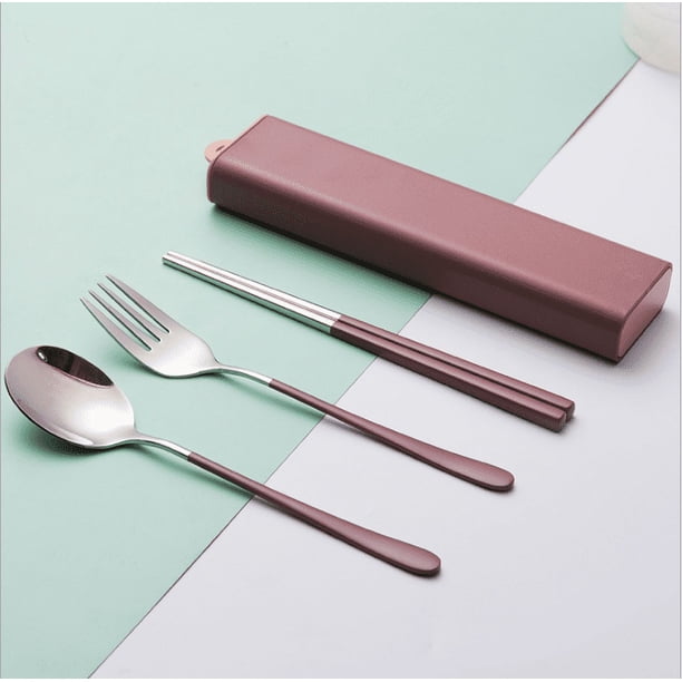 RV Juego de Cubiertos, Juego de Cubiertos de Acero Inoxidable con, Uso para el hogar, Cocina, Restaurante Juego de Palillos de Cuchara y Tenedor de 3 Piezas (Palillos de Cuchara y Tenedor marrón + Juego de Regalo de 3 Piezas BRILLAR Rojo Verde