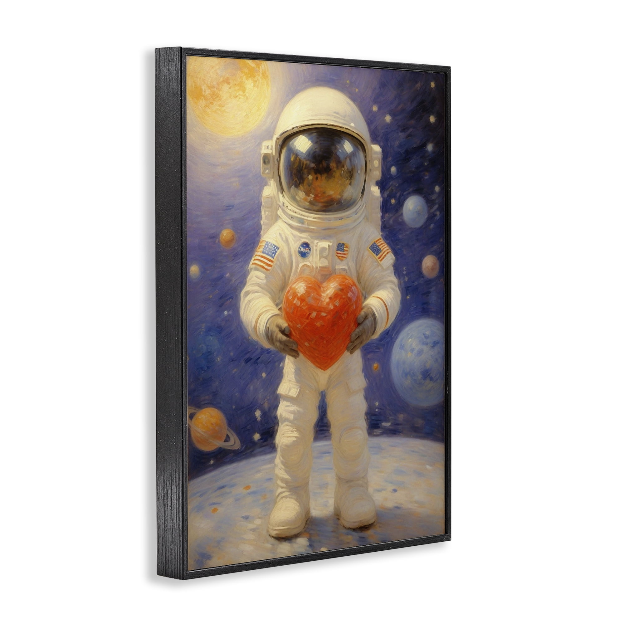 Astronaut Holding Heart Black Framed Giclee Art, design by Angie Hawke